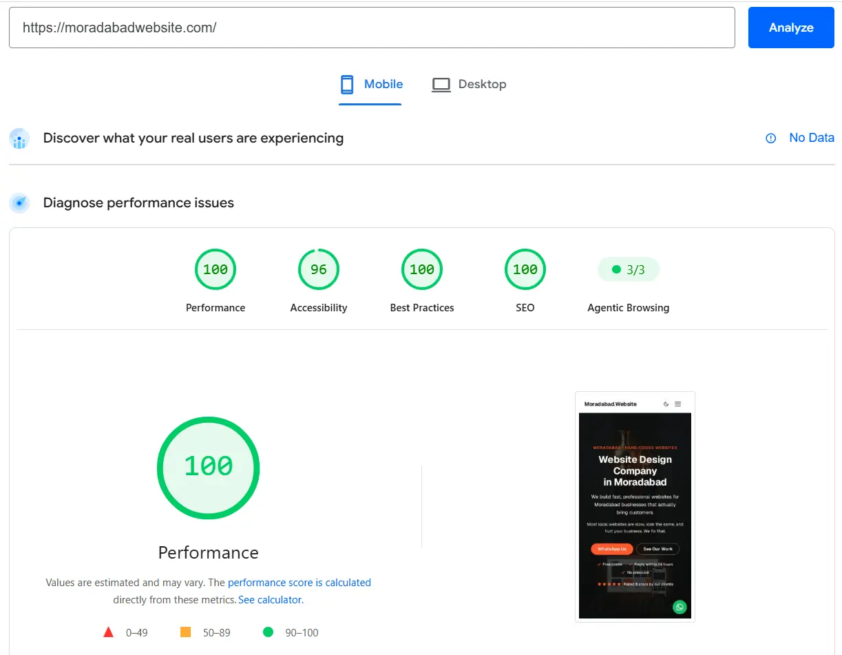 Google PageSpeed Insights report for Moradabad Website on mobile: 100 Performance, 96 Accessibility, 100 Best Practices, 100 SEO, 3 of 3 Agentic Browsing